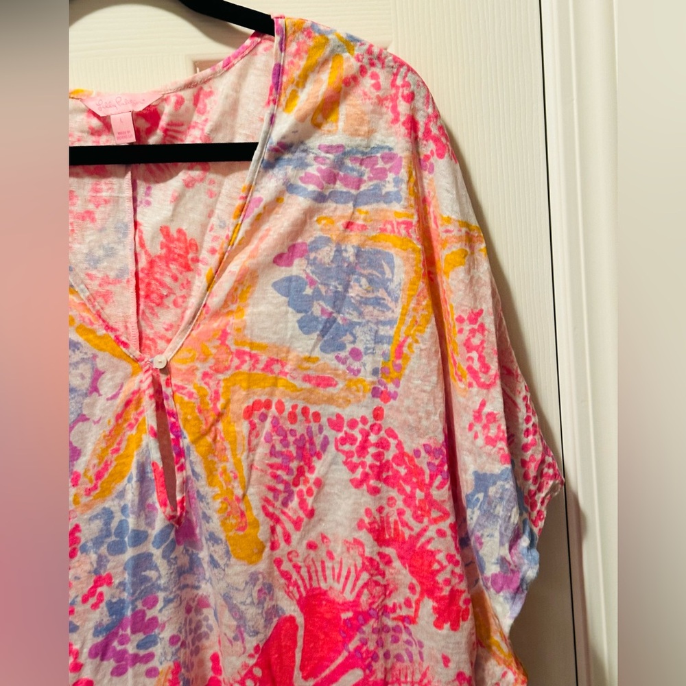 Lilly Pulitzer 100% Linen Balleta Cover Up in Paradise Pink Bohemian Beach L - Picture 4 of 14